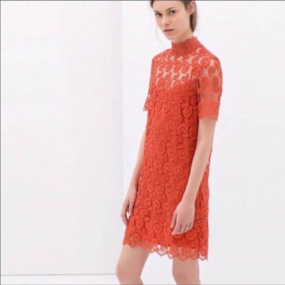 Zara Crochet Lace Dress in Orange Sz-Small - Picture 1 of 16